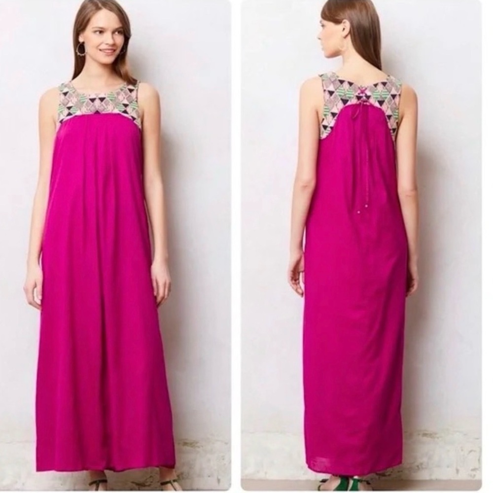Anthropologie Maeve Fuchsia Maxi Dress with Embroidered Yoke
